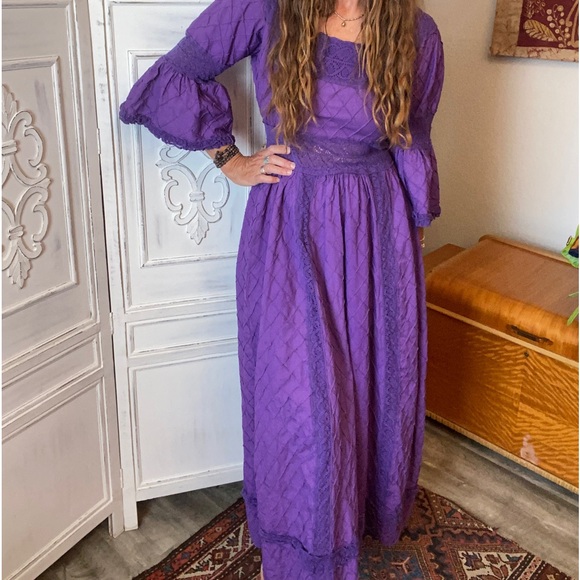Vintage Purple Fairy Dress Pintuck Crochet Lace Mexican Wedding Maxi Size 8 M - Picture 4 of 12